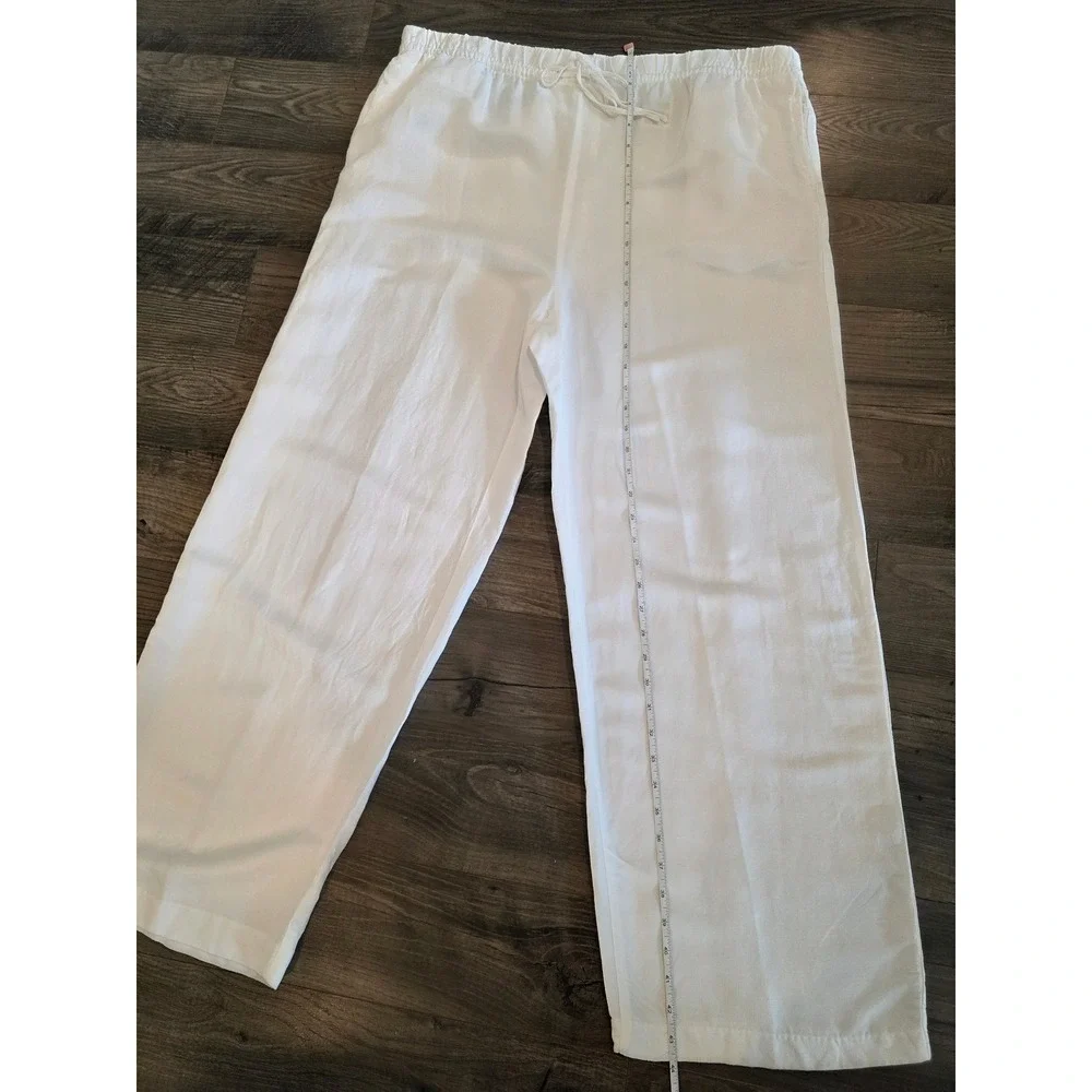 Women's sz XL White Linen Blend Drawstring Wide Leg Pants High Rise Summer